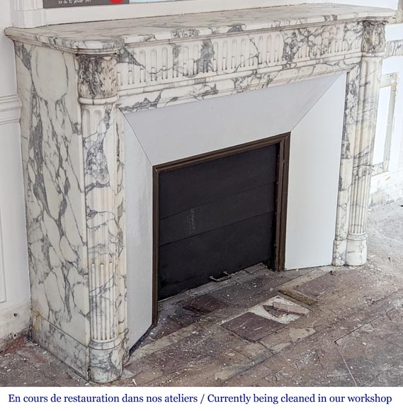 Louis XVI style fireplace with half-columns and rudenture in Arabescato marble Louis XVI style fireplace with half-columns and rudenture in Arabescato marble-2
