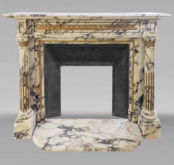 Louis XVI style mantel in Panazeau marble and bronze with detached fluted columns Louis XVI style mantel in Panazeau marble and bronze with detached fluted columns-0