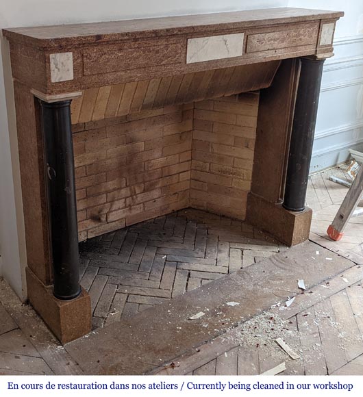 Two-tone Directoire-style granite mantel with detached black marble columns Two-tone Directoire-style granite mantel with detached black marble columns-2