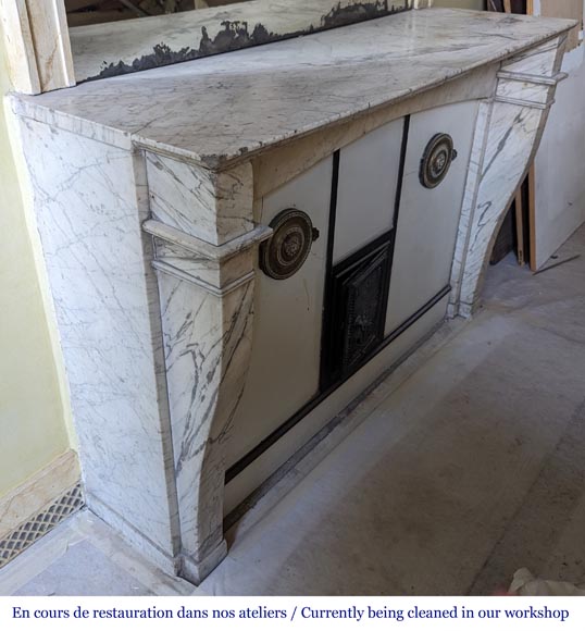 Restoration period mantel with console legs in veined Carrara marble Restoration period mantel with console legs in veined Carrara marble-2