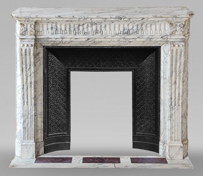 Louis XVI style mantel with curved flutes and carved capitals in highly veined Arabescato marble Louis XVI style mantel with curved flutes and carved capitals in highly veined Arabescato marble-0