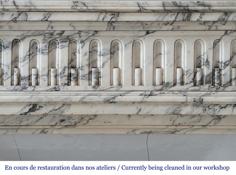 Louis XVI style mantel with curved flutes and carved capitals in highly veined Arabescato marble Louis XVI style mantel with curved flutes and carved capitals in highly veined Arabescato marble-1