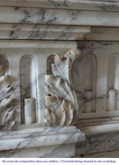 Louis XVI style mantel with curved flutes and carved capitals in highly veined Arabescato marble Louis XVI style mantel with curved flutes and carved capitals in highly veined Arabescato marble-4