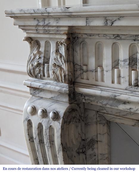 Louis XVI style mantel with curved flutes and carved capitals in highly veined Arabescato marble Louis XVI style mantel with curved flutes and carved capitals in highly veined Arabescato marble-5