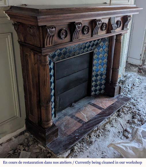 Napoleon III style mantel with carved walnut wood detached columns Napoleon III style mantel with carved walnut wood detached columns-3