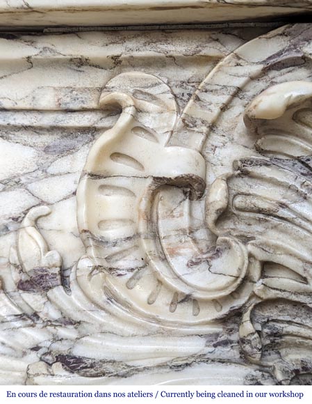 Large Regency-style mantel richly carved in violet breche marble Large Regency-style mantel richly carved in violet breche marble-4