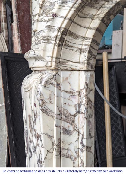 Large Regency-style mantel richly carved in violet breche marble Large Regency-style mantel richly carved in violet breche marble-8