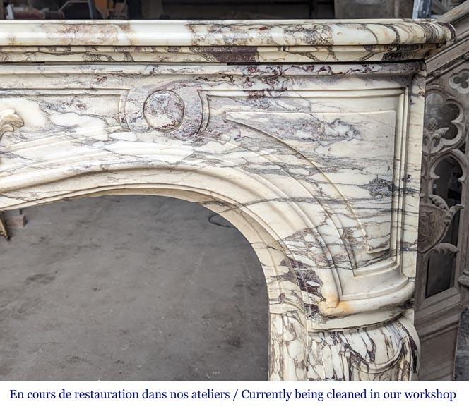Large Regency-style mantel richly carved in violet breche marble Large Regency-style mantel richly carved in violet breche marble-11
