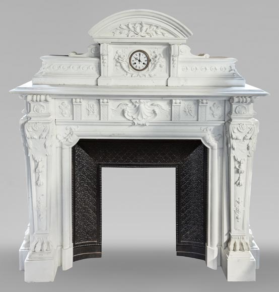 Napoleon III style mantelpiece in Statuario Carrara marble, with mantel top including a clock Napoleon III style mantelpiece in Statuario Carrara marble, with mantel top including a clock-0
