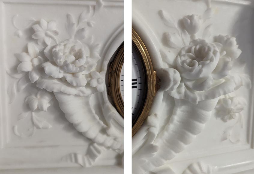 Napoleon III style mantelpiece in Statuario Carrara marble, with mantel top including a clock Napoleon III style mantelpiece in Statuario Carrara marble, with mantel top including a clock-2