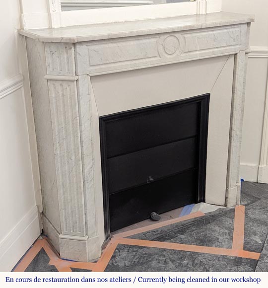 Carved Carrara marble Louis XVI mantel with canted corners Carved Carrara marble Louis XVI mantel with canted corners-2