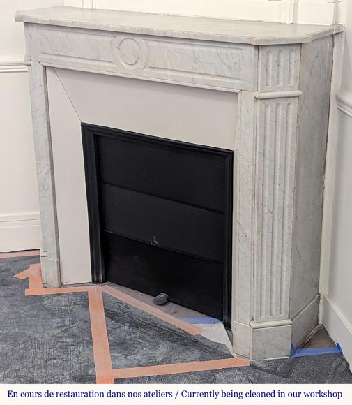 Carved Carrara marble Louis XVI mantel with canted corners Carved Carrara marble Louis XVI mantel with canted corners-5