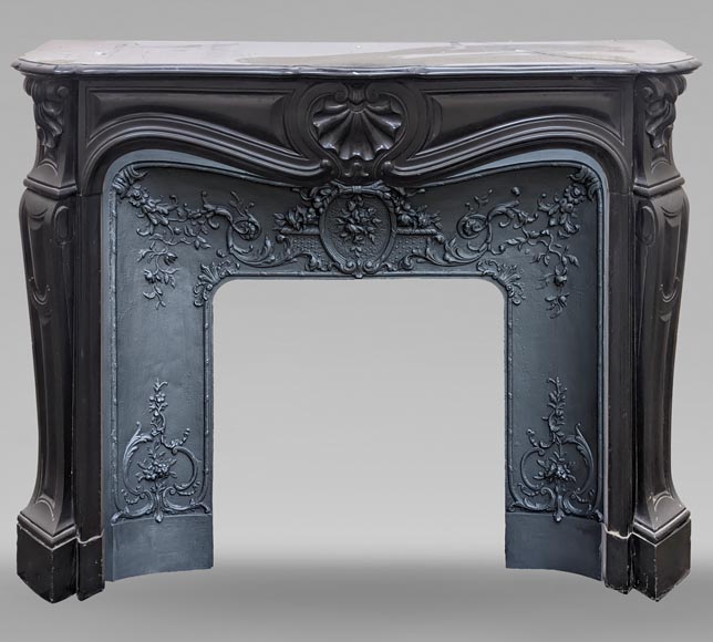 Louis XV style mantel with carved shell in fine black marble Louis XV style mantel with carved shell in fine black marble-0