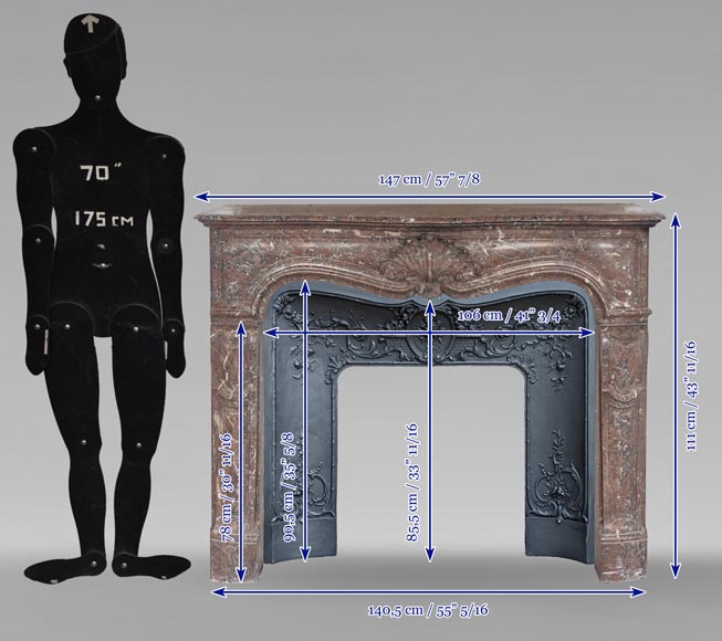 Louis XV style mantel in Rouge du Nord marble adorned with a shell motif Louis XV style mantel in Rouge du Nord marble adorned with a shell motif-10