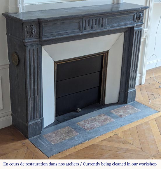 Louis XVI style mantel with curved flutes adorned with rosettes carved in Turquin marble Louis XVI style mantel with curved flutes adorned with rosettes carved in Turquin marble-2