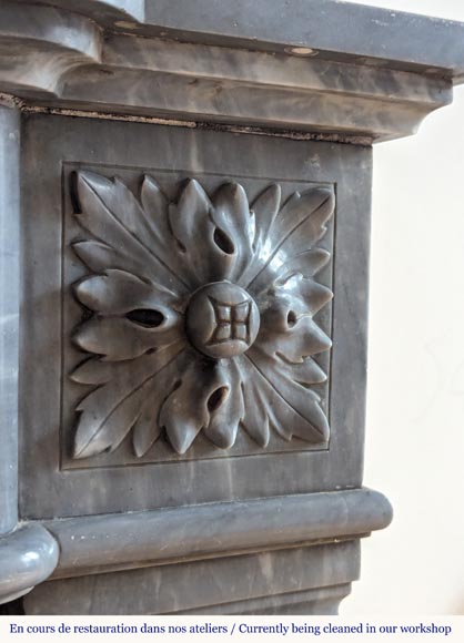 Louis XVI style mantel with curved flutes adorned with rosettes carved in Turquin marble Louis XVI style mantel with curved flutes adorned with rosettes carved in Turquin marble-7