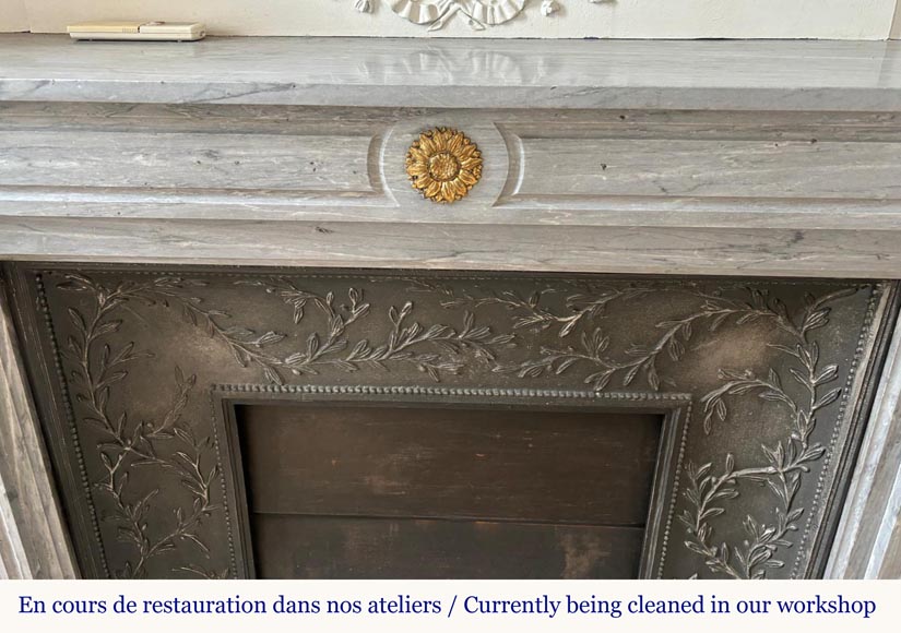 Louis XVI style Turquin marble mantel adorned with bronze sunflowers Louis XVI style Turquin marble mantel adorned with bronze sunflowers-1