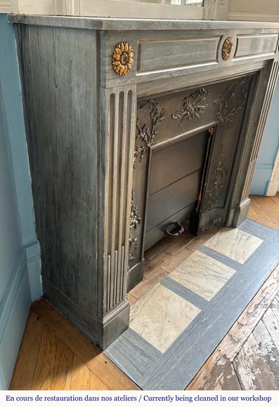Louis XVI style mantel in light blue Turquin marble decorated with bronze sunflowers Louis XVI style mantel in light blue Turquin marble decorated with bronze sunflowers-2