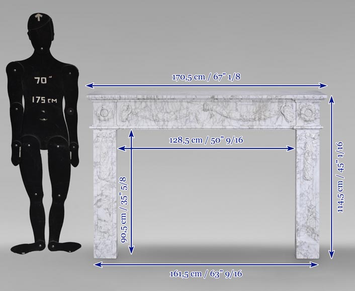 Louis XVI period mantel adorned with a garland carved in antique veined Carrara marble-15