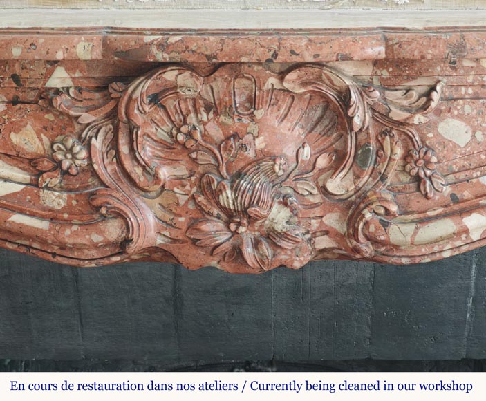 Louis XV style red marble mantel with curved sides and shell flowers Louis XV style red marble mantel with curved sides and shell flowers-1