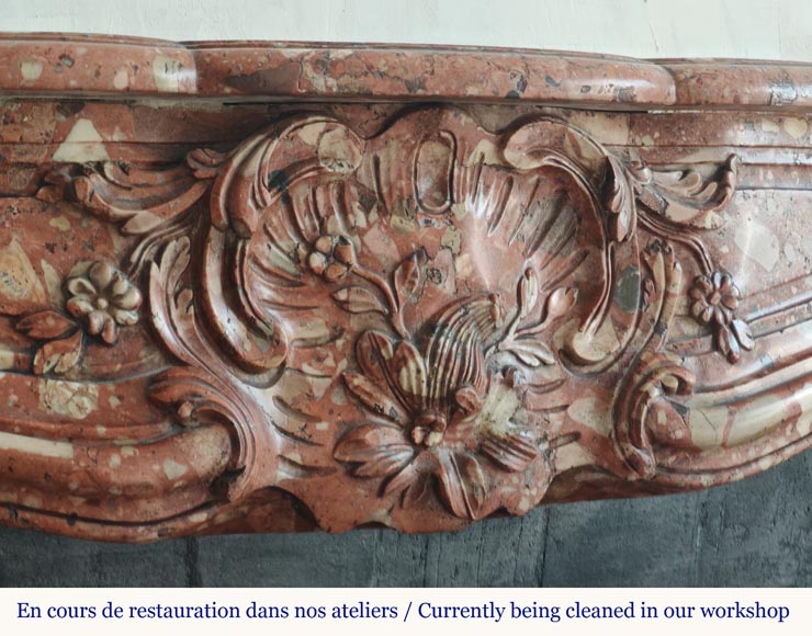 Louis XV style red marble mantel with curved sides and shell flowers Louis XV style red marble mantel with curved sides and shell flowers-2