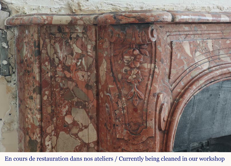 Louis XV style red marble mantel with curved sides and shell flowers Louis XV style red marble mantel with curved sides and shell flowers-5