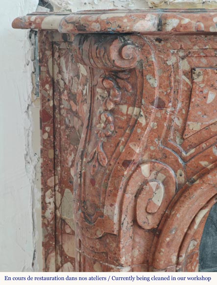 Louis XV style red marble mantel with curved sides and shell flowers Louis XV style red marble mantel with curved sides and shell flowers-6