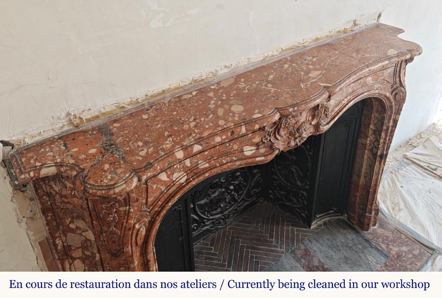 Louis XV style red marble mantel with curved sides and shell flowers Louis XV style red marble mantel with curved sides and shell flowers-12