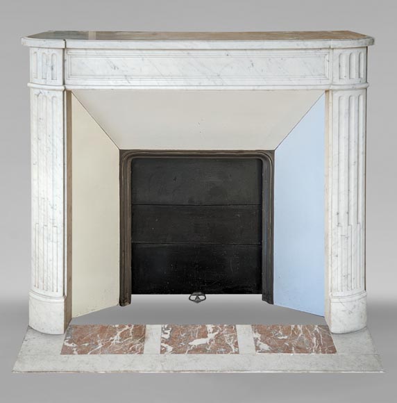 Louis XVI style mantel in veined Carrara marble with fluted legs Louis XVI style mantel in veined Carrara marble with fluted legs-0