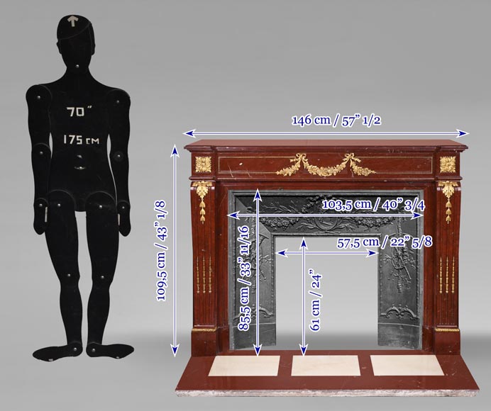 Louis XVI style fireplace in Antique Red marble, with bronze mounts, decorated with a garland Louis XVI style fireplace in Antique Red marble, with bronze mounts, decorated with a garland-14