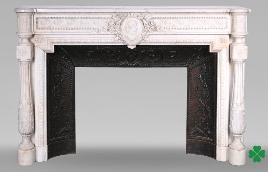 Louis XVI style white marble fireplace with columns and female profile medallion Louis XVI style white marble fireplace with columns and female profile medallion-0
