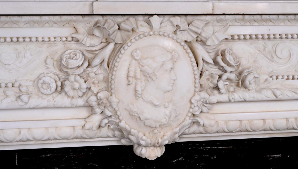 Louis XVI style white marble fireplace with columns and female profile medallion Louis XVI style white marble fireplace with columns and female profile medallion-2