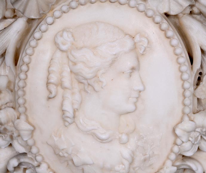 Louis XVI style white marble fireplace with columns and female profile medallion Louis XVI style white marble fireplace with columns and female profile medallion-3