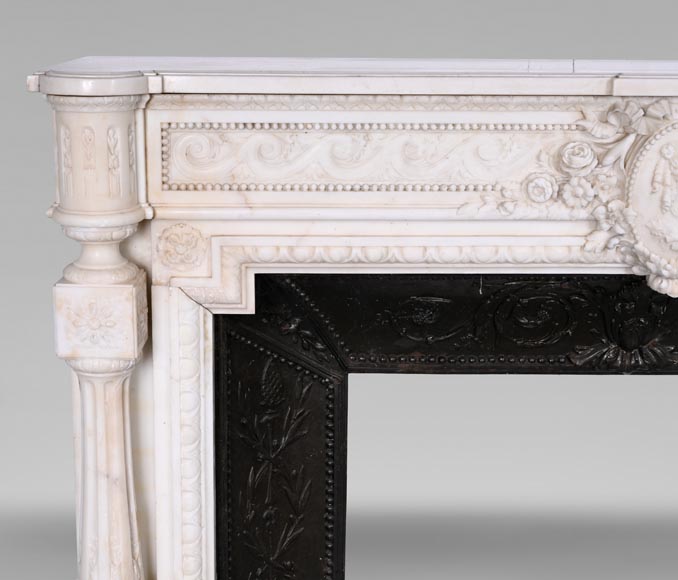Louis XVI style white marble fireplace with columns and female profile medallion Louis XVI style white marble fireplace with columns and female profile medallion-5