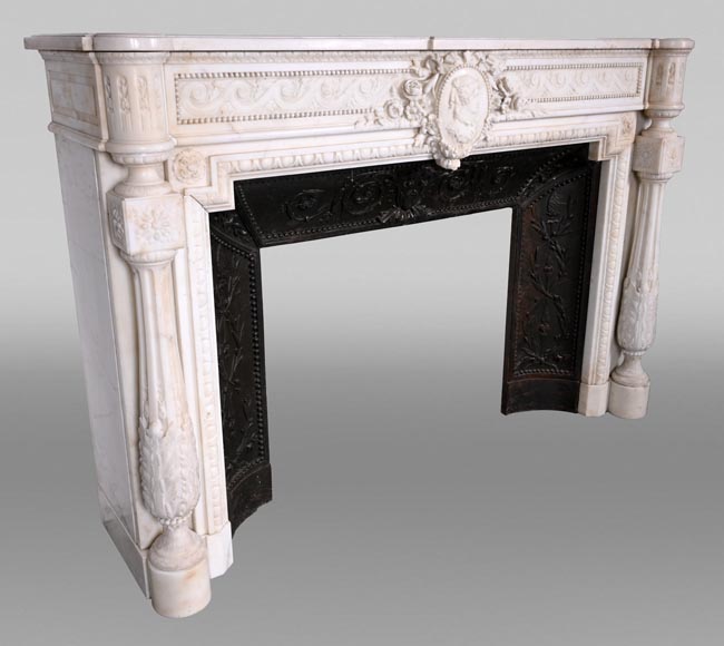 Louis XVI style white marble fireplace with columns and female profile medallion Louis XVI style white marble fireplace with columns and female profile medallion-8