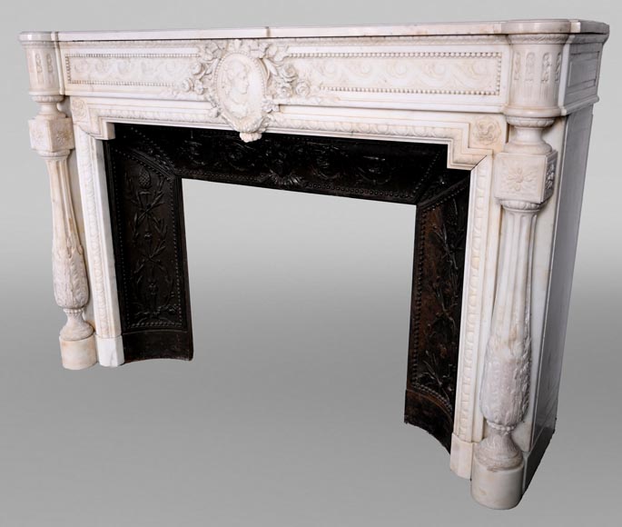 Louis XVI style white marble fireplace with columns and female profile medallion Louis XVI style white marble fireplace with columns and female profile medallion-9
