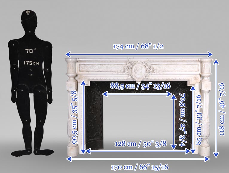 Louis XVI style white marble fireplace with columns and female profile medallion Louis XVI style white marble fireplace with columns and female profile medallion-14