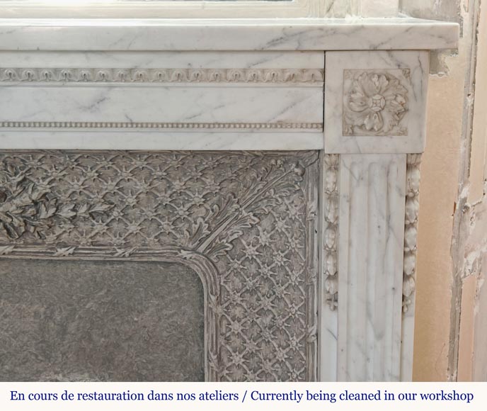 Louis XVI style mantel with pilaster feet carved in veined Carrara marble Louis XVI style mantel with pilaster feet carved in veined Carrara marble-7