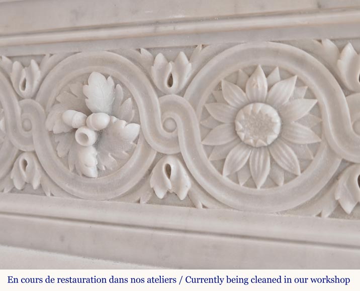 Louis XVI style curved Carrara marble mantel decorated with a frieze of macaroons-3