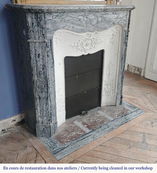 Small Louis XV style Pompadour mantel in Fleury blue marble Small Louis XV style Pompadour mantel in Fleury blue marble-2