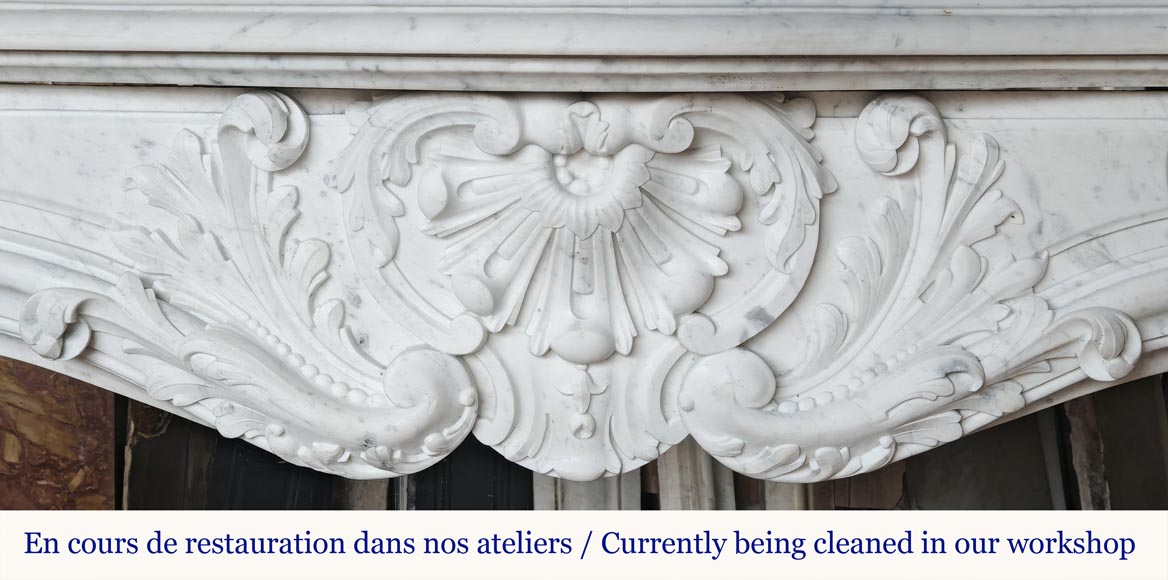 Louis XV style fireplace, highly sculpted in Carrara marble, from northern France Louis XV style fireplace, highly sculpted in Carrara marble, from northern France-1