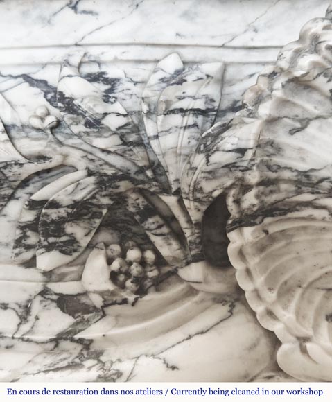 Large Louis XV style fireplace decorated with a large shell, in Seravezza marble Large Louis XV style fireplace decorated with a large shell, in Seravezza marble-4