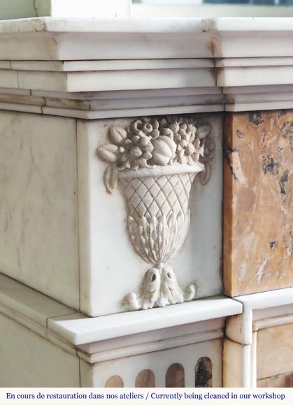 Louis XVI style two-tone fireplace in Carrara white and Sienna yellow, decorated with flower vases-3