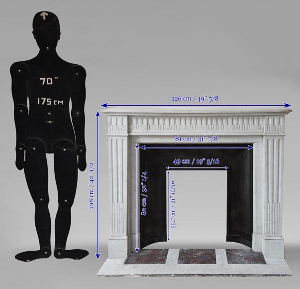 Louis XVI style fireplace in Carrara marble, decorated with rudentée fluting Louis XVI style fireplace in Carrara marble, decorated with rudentée fluting-10