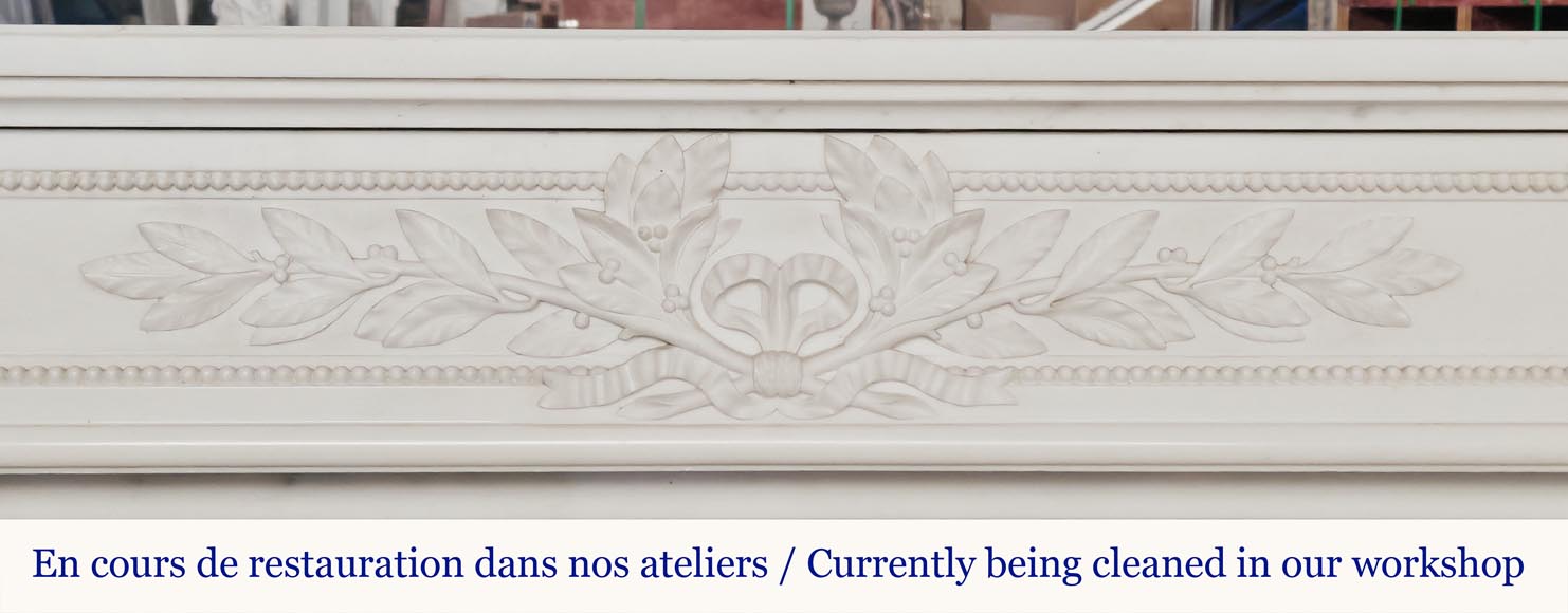 Large Louis XVI style fireplace with acanthus leaves and pearls, in statuary marble Large Louis XVI style fireplace with acanthus leaves and pearls, in statuary marble-1