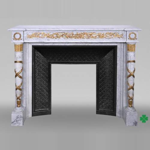 Louis XVI Fireplace in White Marble and Gilt Bronze