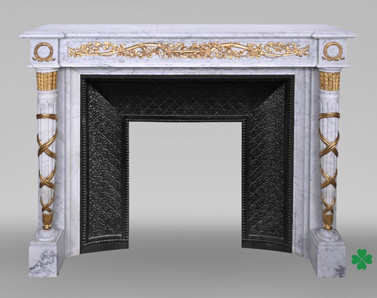 Louis XVI Fireplace in White Marble and Gilt Bronze Louis XVI Fireplace in White Marble and Gilt Bronze-0