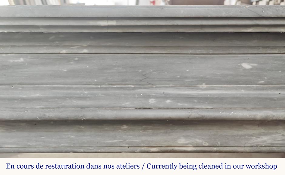 Louis XVI style fireplace in blue turquin marble, with single fluting Louis XVI style fireplace in blue turquin marble, with single fluting-1