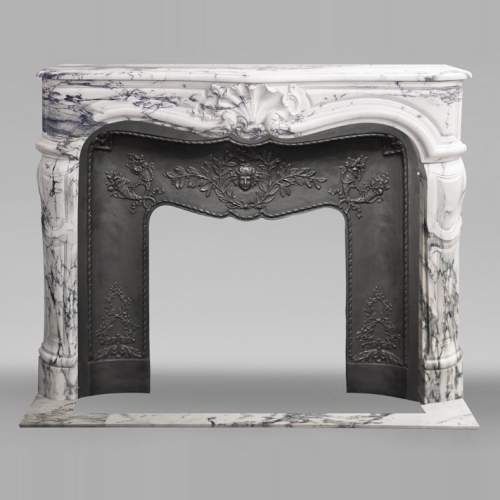 Louis XV style fireplace decorated with a large shell, in Paonazzo marble