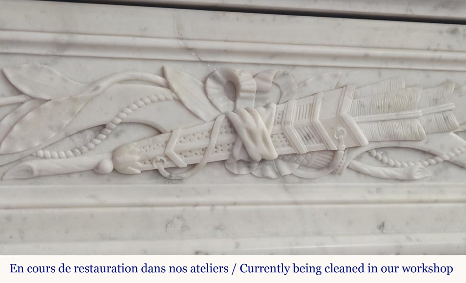Louis XVI style fireplace in Carrara marble decorated with a bow and a quiver Louis XVI style fireplace in Carrara marble decorated with a bow and a quiver-2